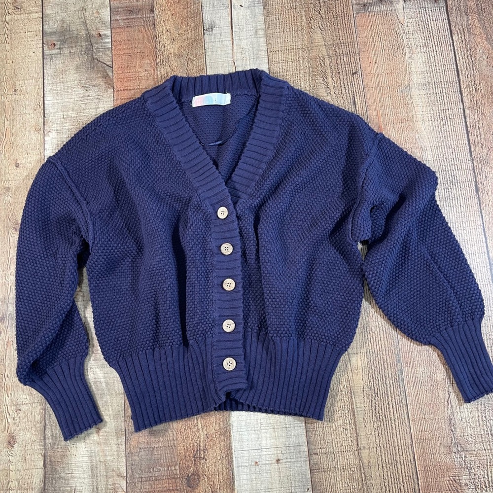 Free People FP Beach Navy Blue Popcorn Knit Cardigan Sweater Small S Oversized